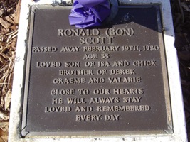 AC/DC lead singer, Bon Scott's Gravestone, who drank himself to
death at the early age of 33