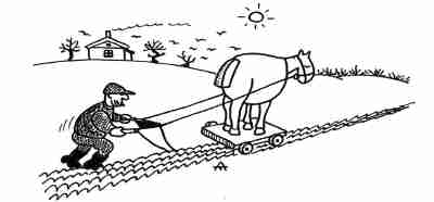 cartoon: farmer and plough wuth wodden horse