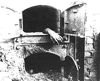Nazi victim, whose hand is hanging out of an oven